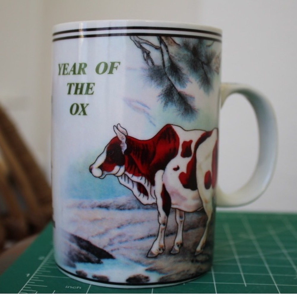 Chinese Zodiac Year of the Ox Ceramic Coffee Mug White Green Bilingual 4 inch‎